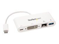 StarTech.com Adaptateur multiport USB-C - Power Delivery (USB PD) - USB C vers USB 3.0 / DVI / GbE - Hub USB Type-C - Adaptateur vidéo externe - USB-C - DVI, RJ-45 - blanc DKT30CDVPD